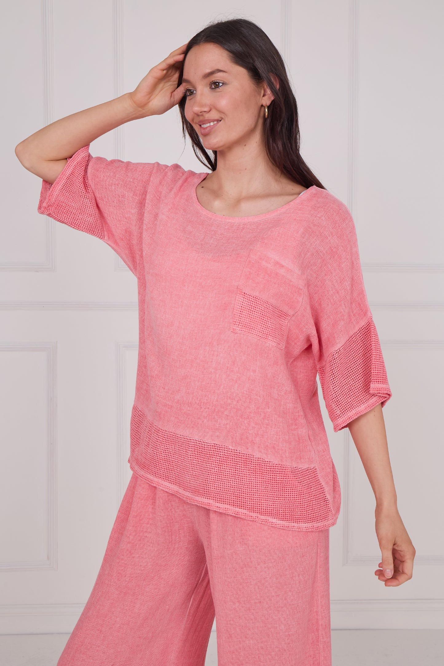 WASHED LINEN MESH POCKET TOP