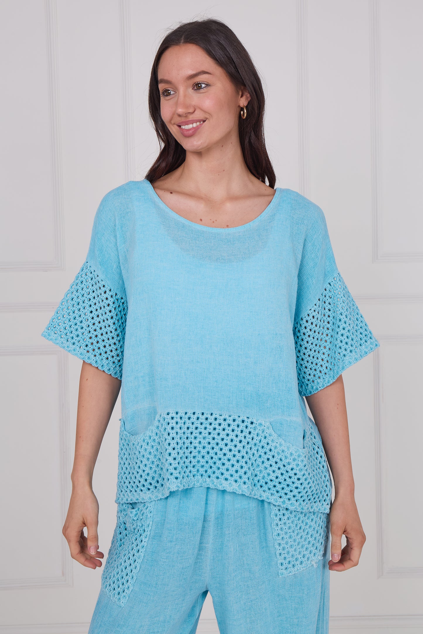 WASHED LINEN MESH POCKETS TOP