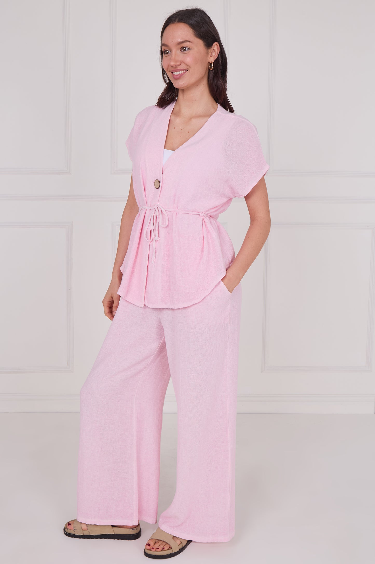 WASHED LINEN BUTTON WAIST TIE TOP