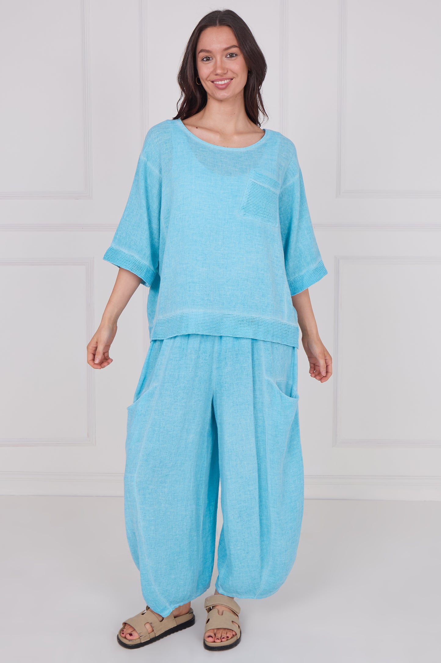 WASHED LINEN MESH POCKET TOP