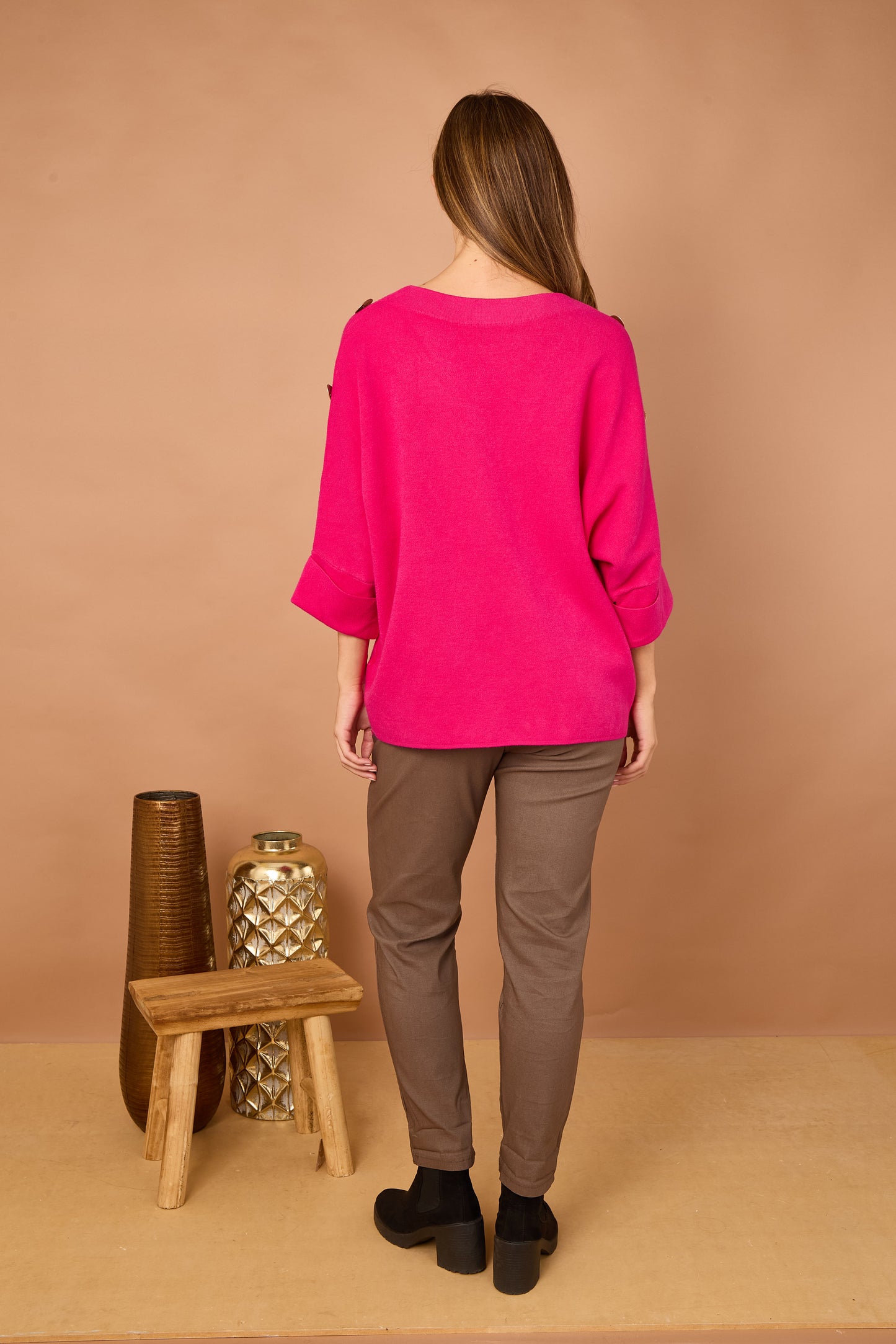 Gold Button Folded Sleeve Jumper