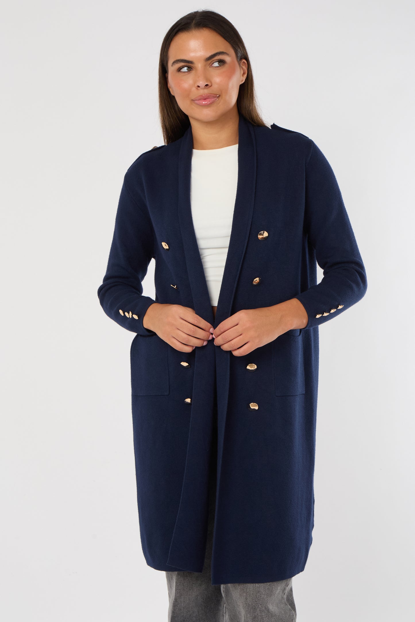 GOLD BUTTON 2 POCKET LONG CARDIGAN