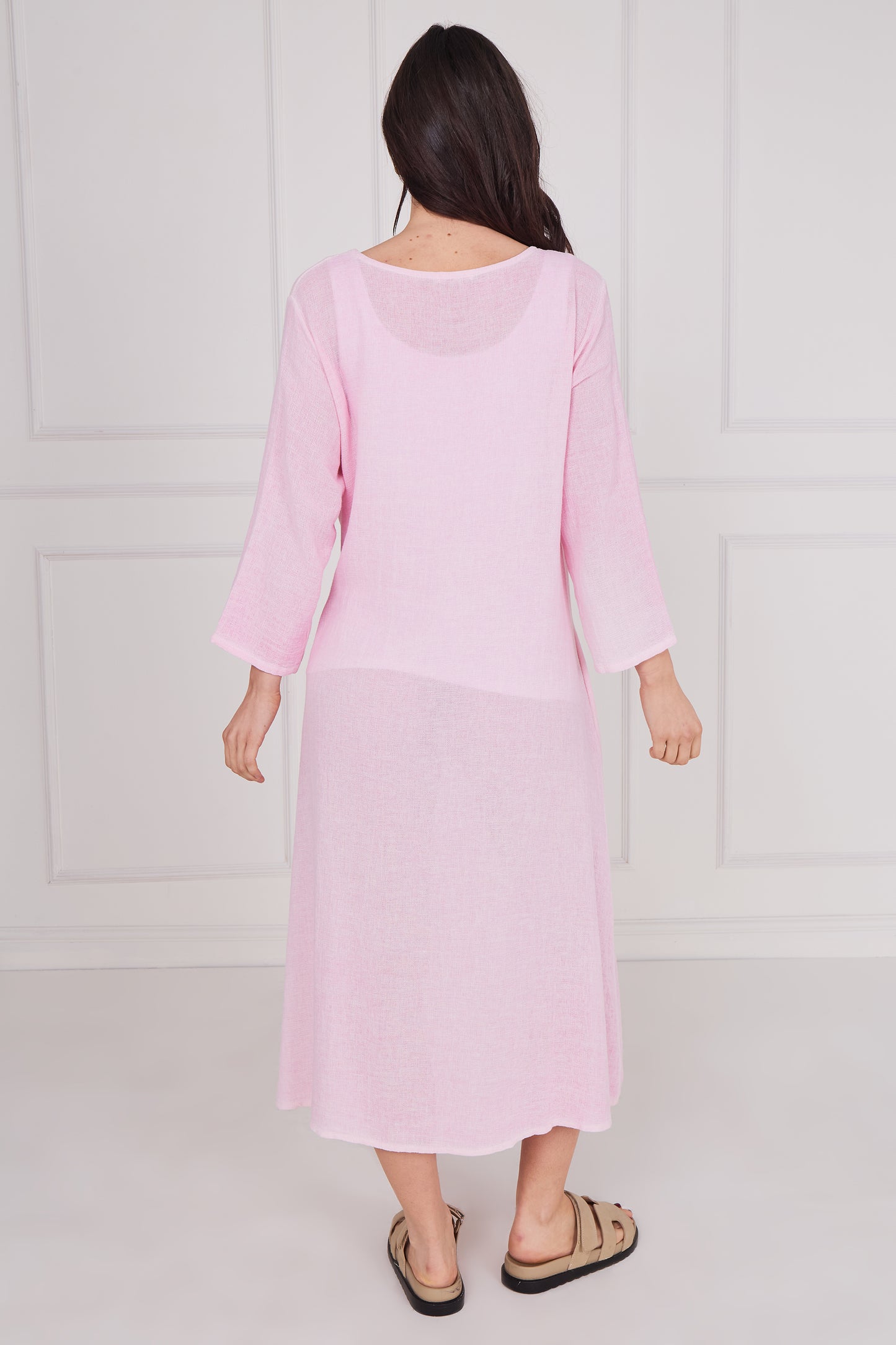 WASHED LINEN LONG SLEEVE TIE DRESS
