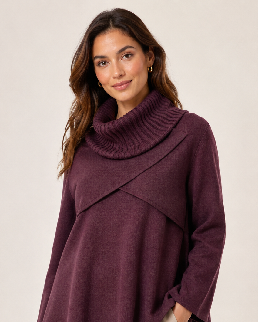 RIBBED COWL NECK BELTED CAPE TUNIC