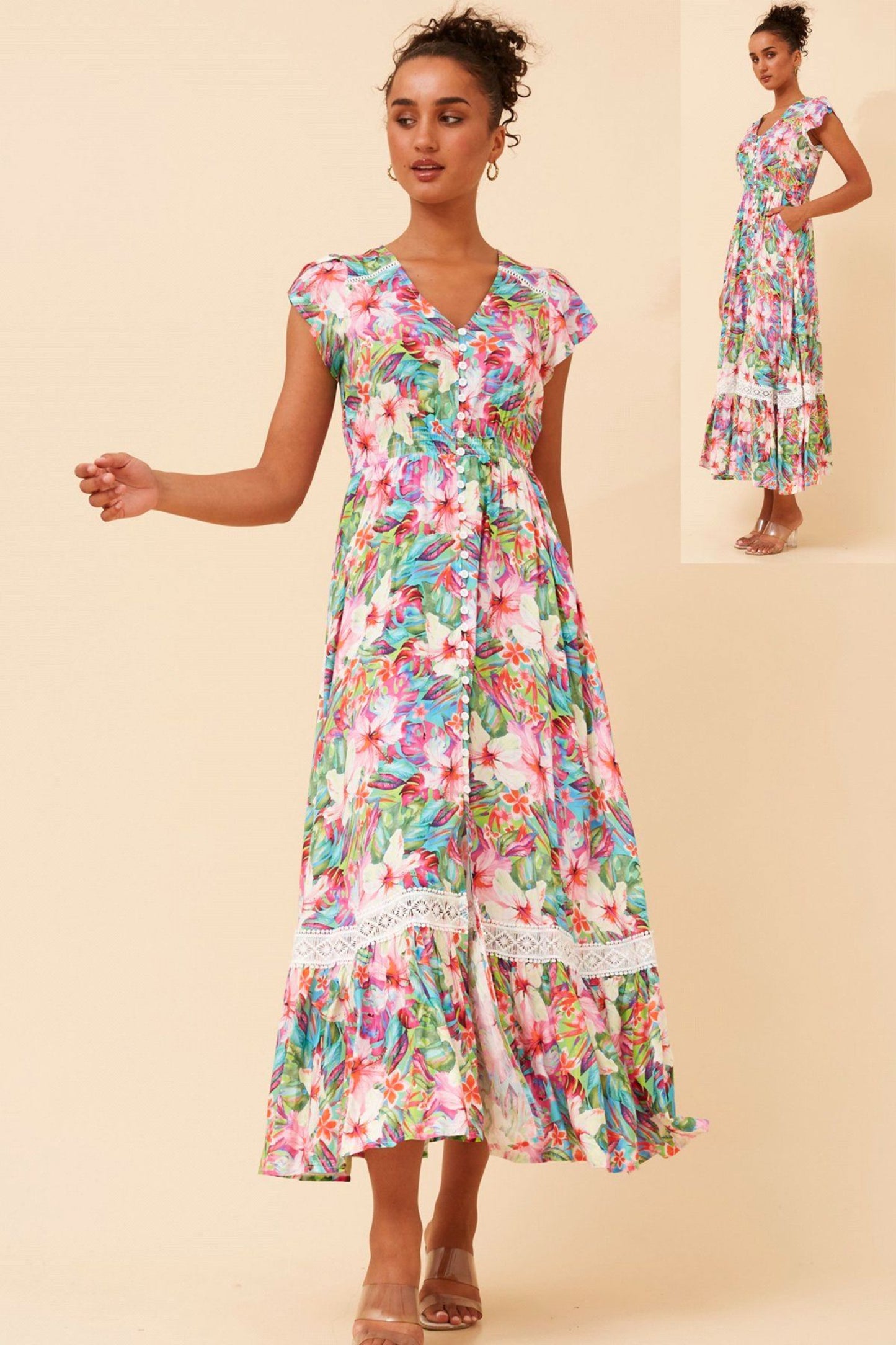 FLORAL CAP SLEEVE BUTTONED DRESS