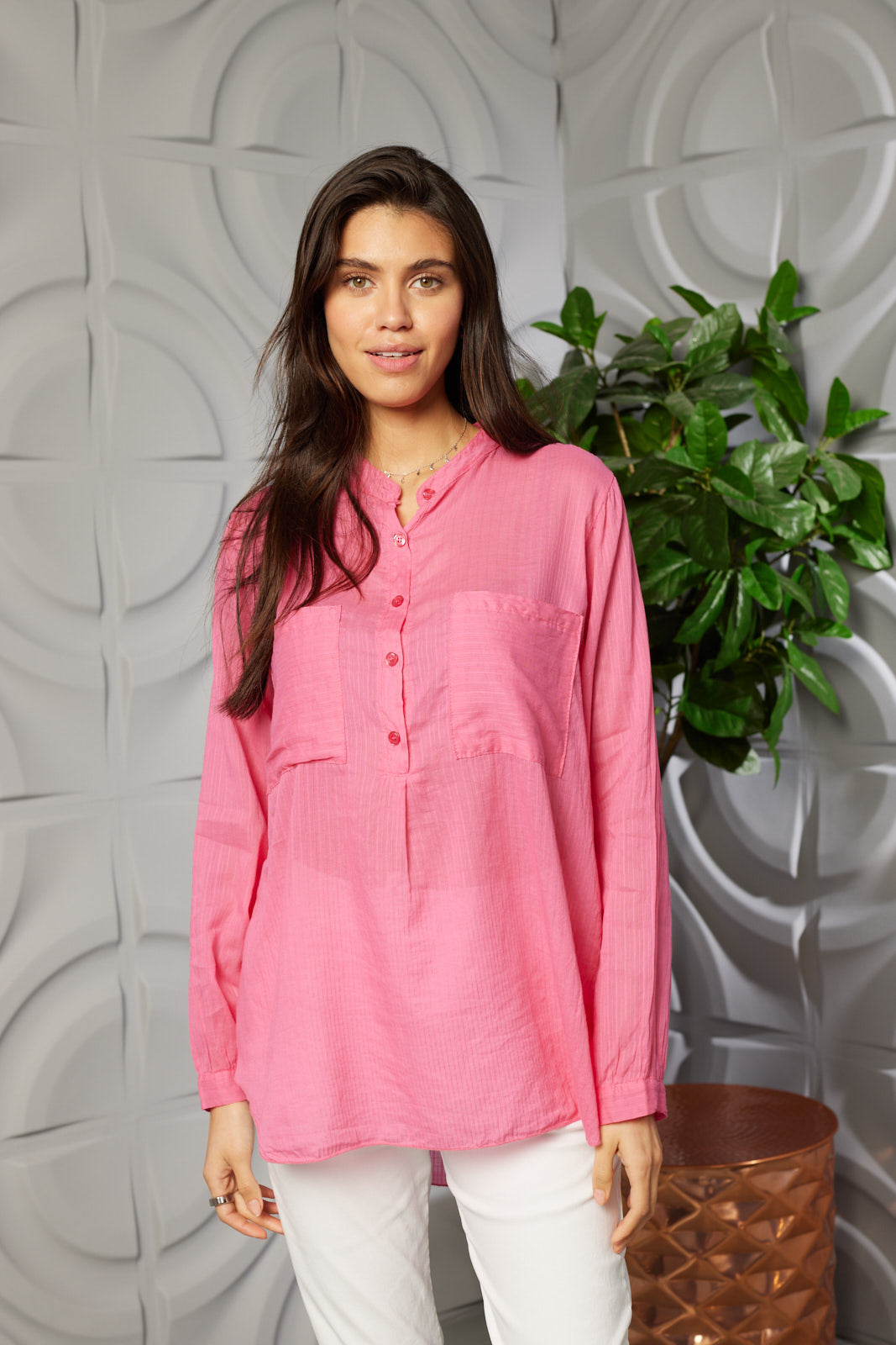 Grandad Collar Self Stripe Button Cotton Top