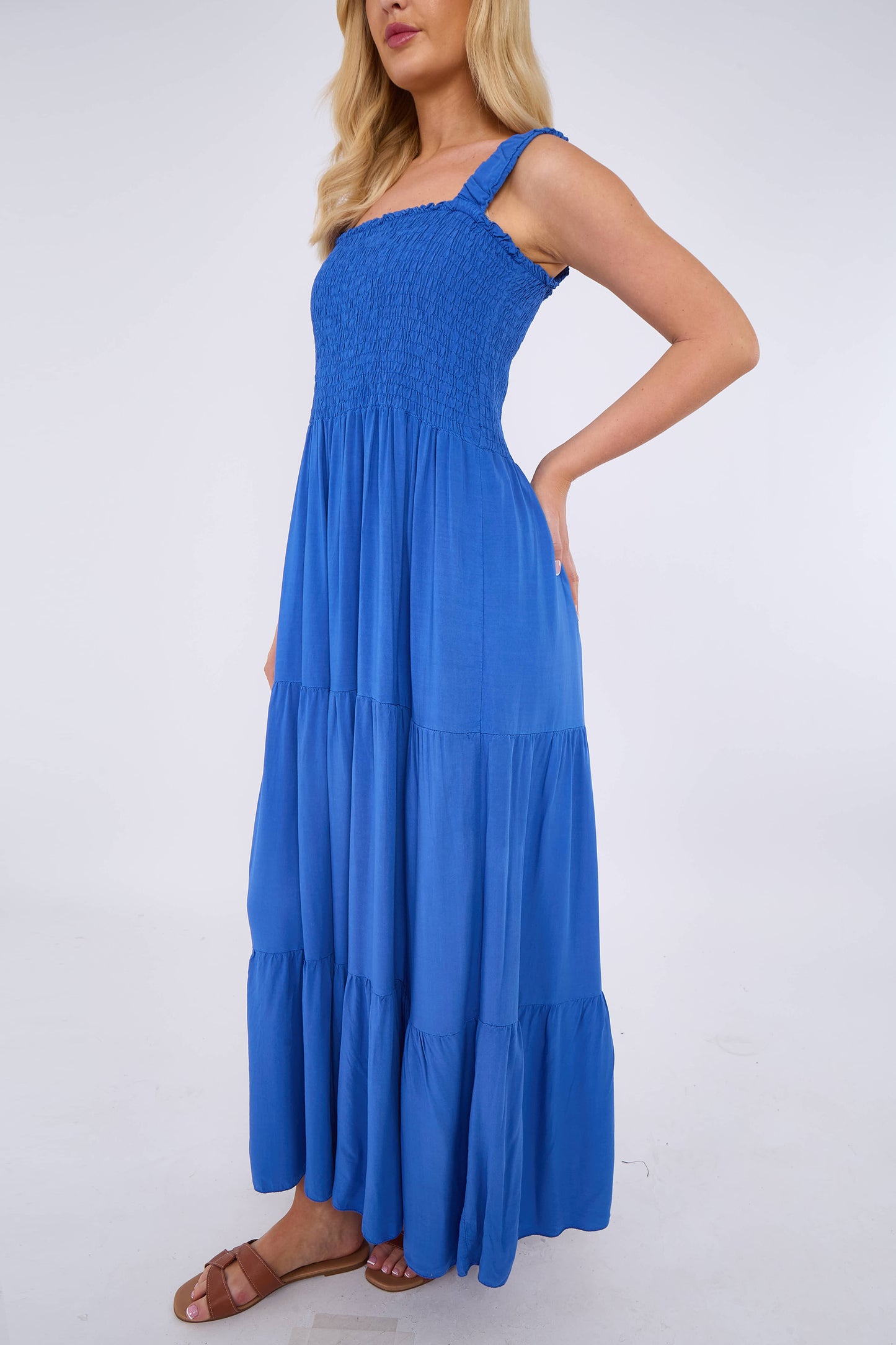 STRAP TIERED SHIRRED DRESS