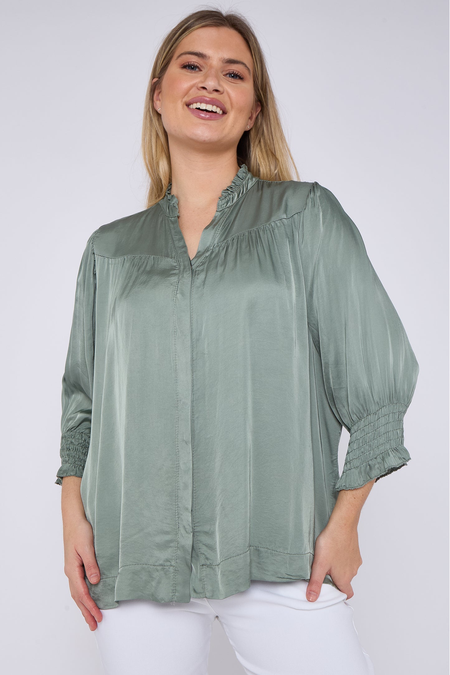 SATIN V-NECK BUTTON THROUGH TOP