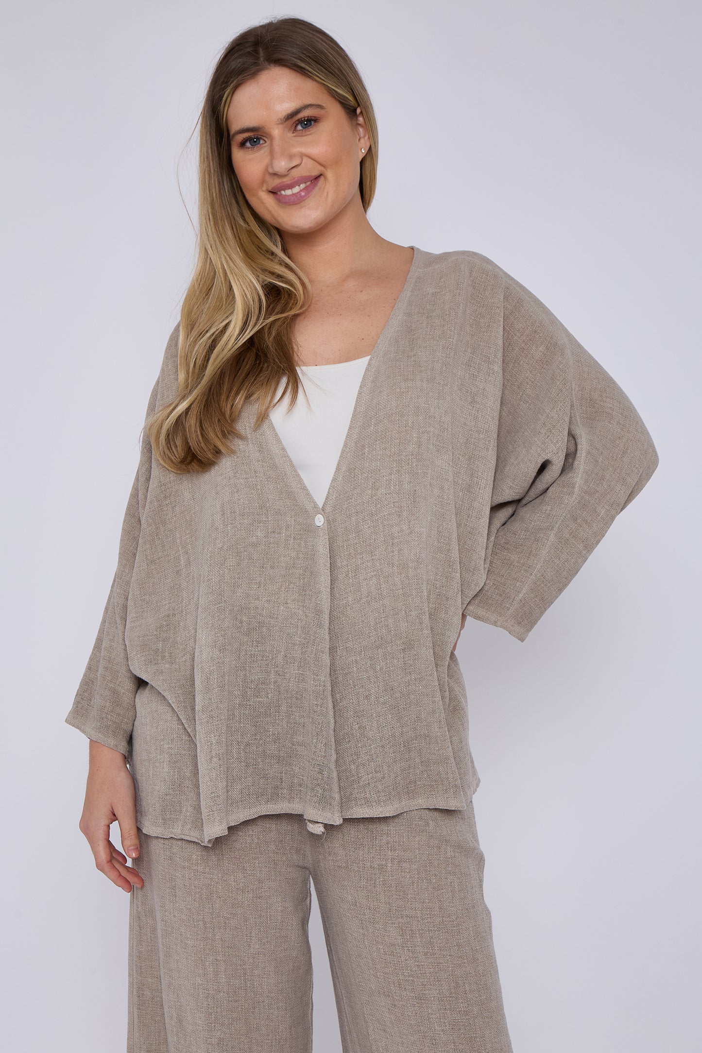 ONE BUTTON WASHED LINEN MIX V-NECK CARDIGAN