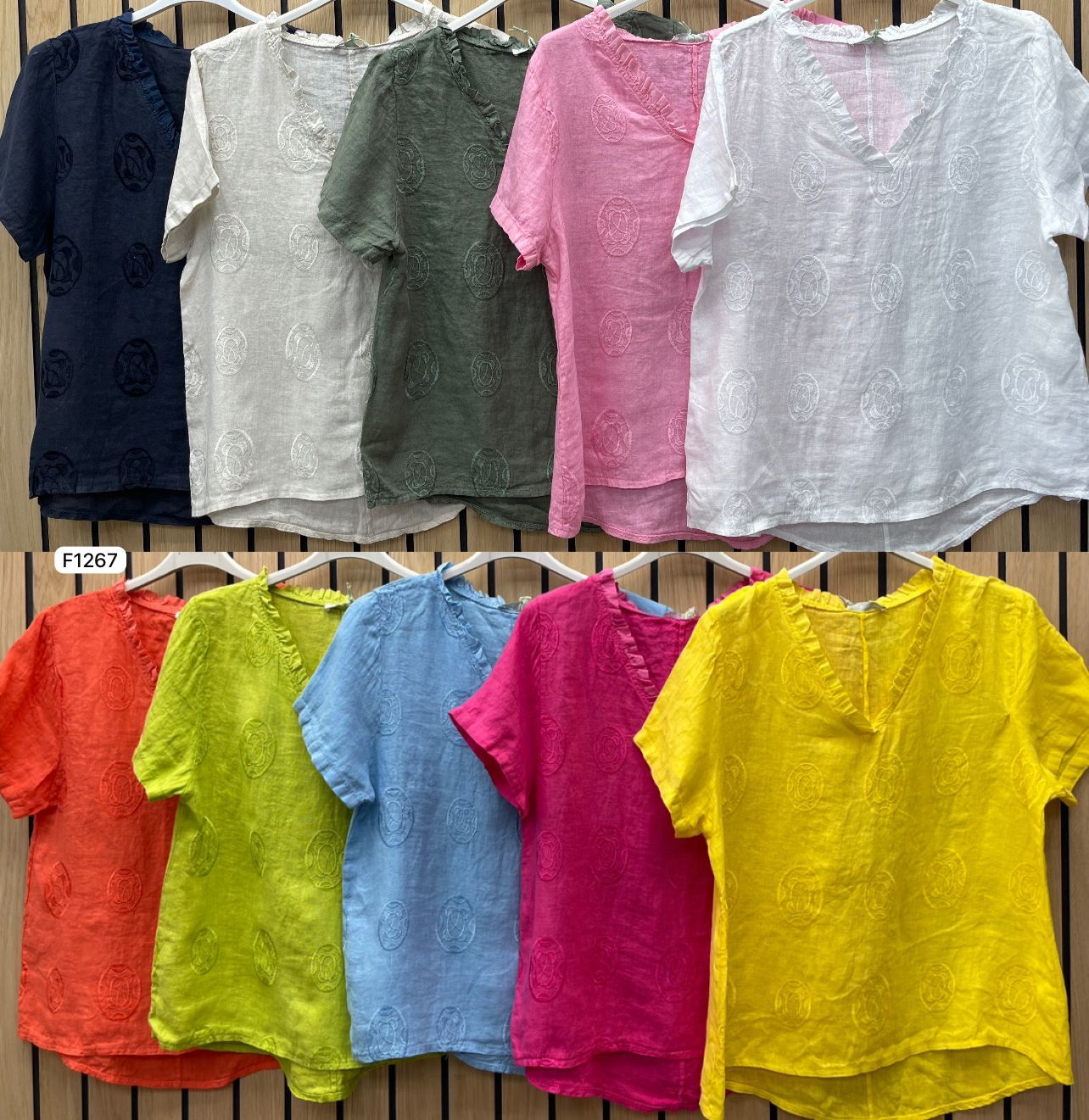 Embossed Circle Frill Neck Linen Top