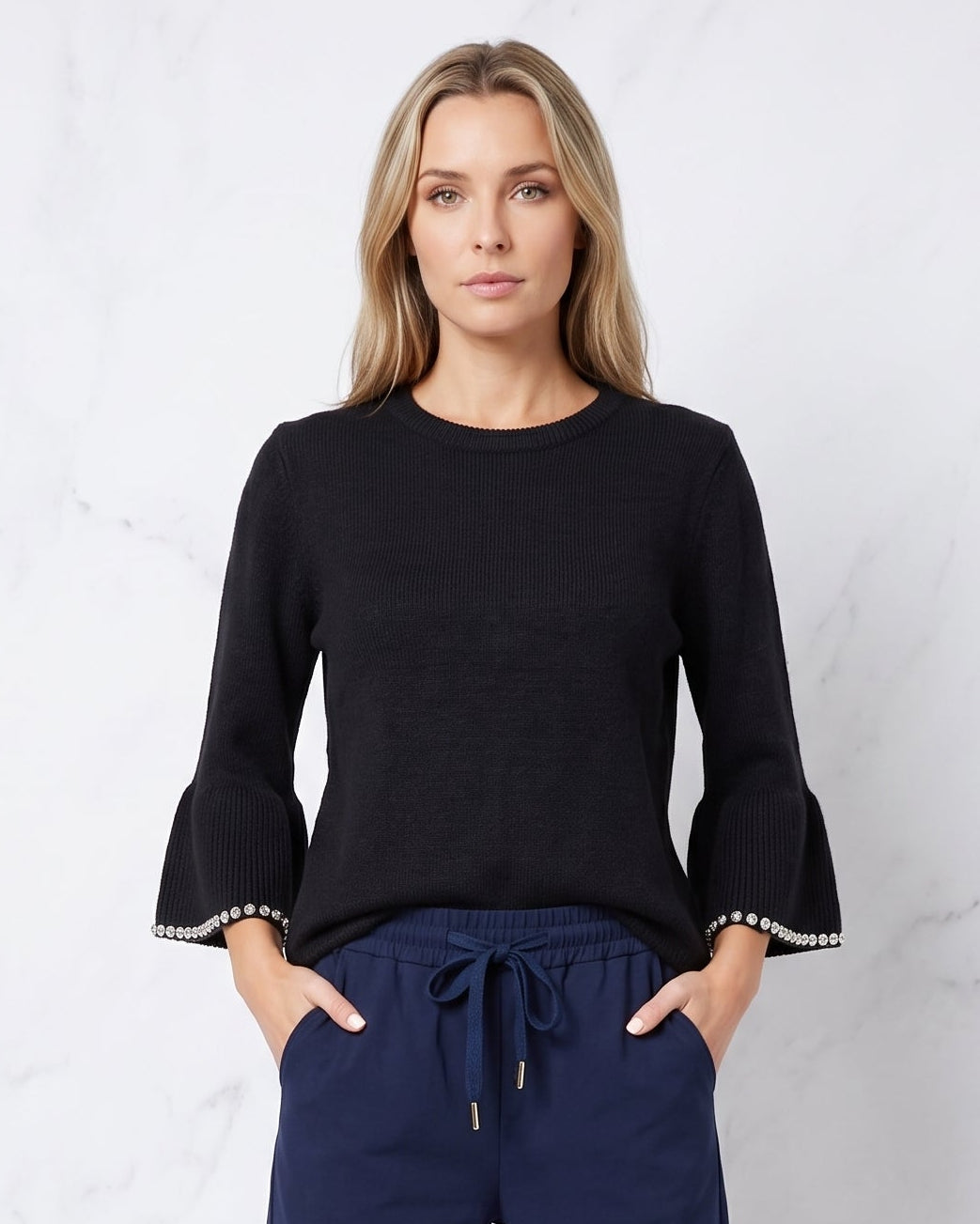 RIBBED NECK DIAMOND DETAIL SLEEVE JUMPER