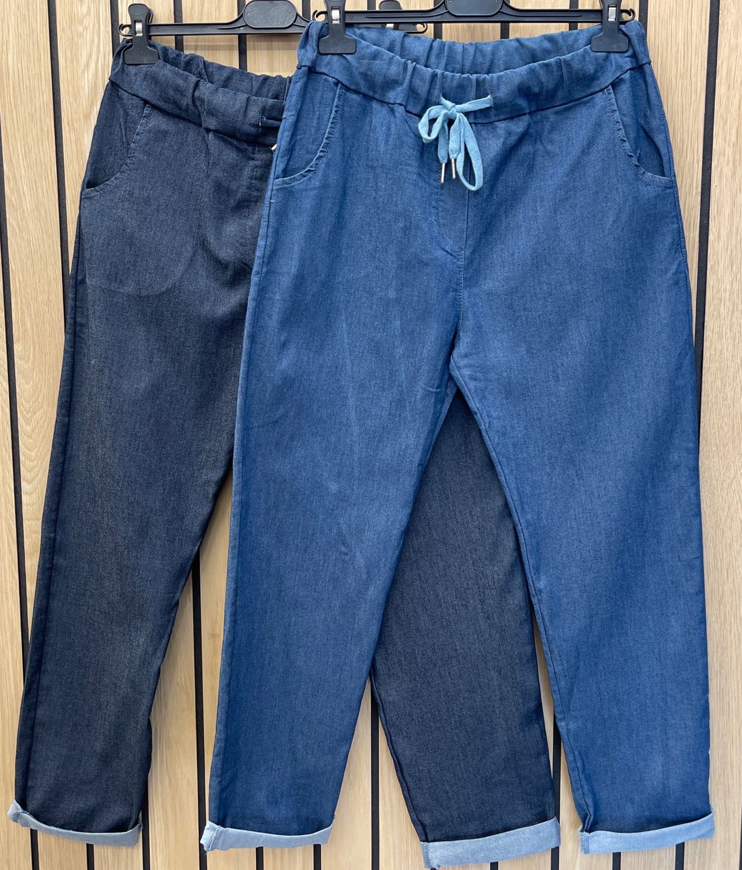 Washed Denim Drawstring Magic Stretch Trousers