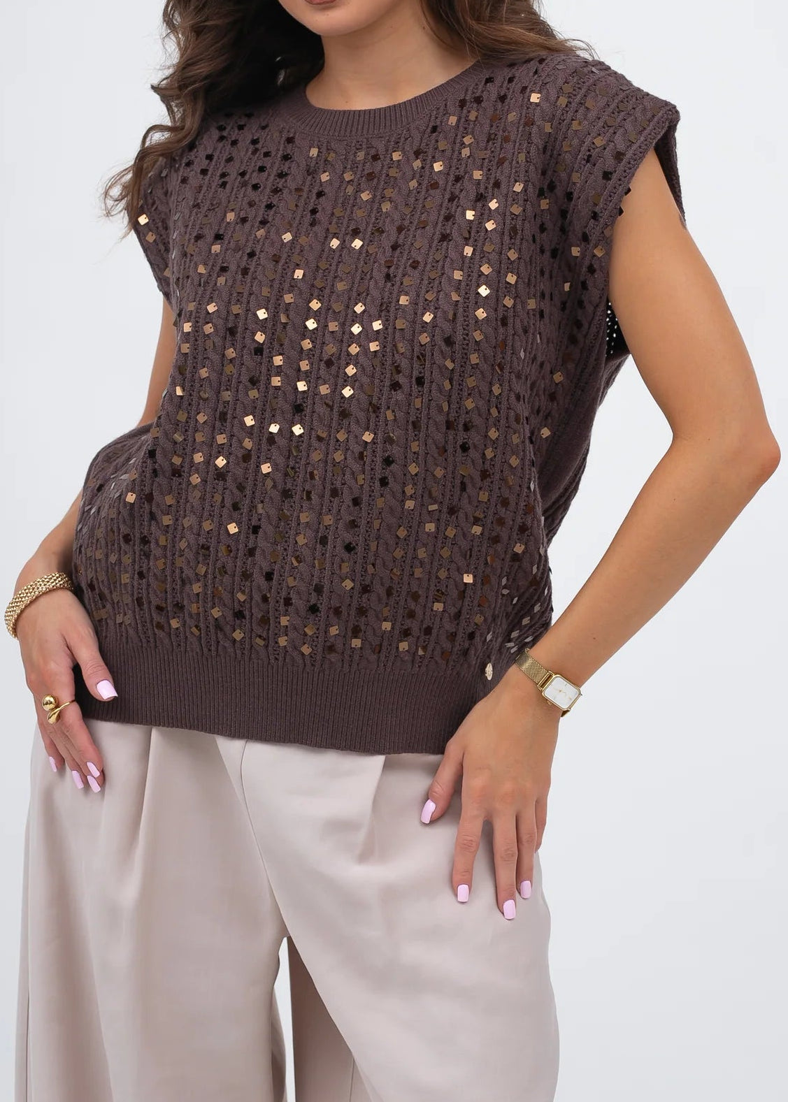 SEQUIN CABLE SLEEVELESS JUMPER