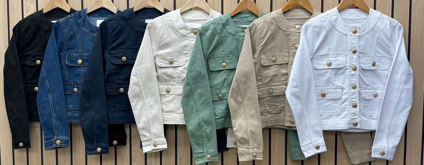 GOLD BUTTON FRONT POCKETS ROUND NECK DENIM STRETCH JACKET