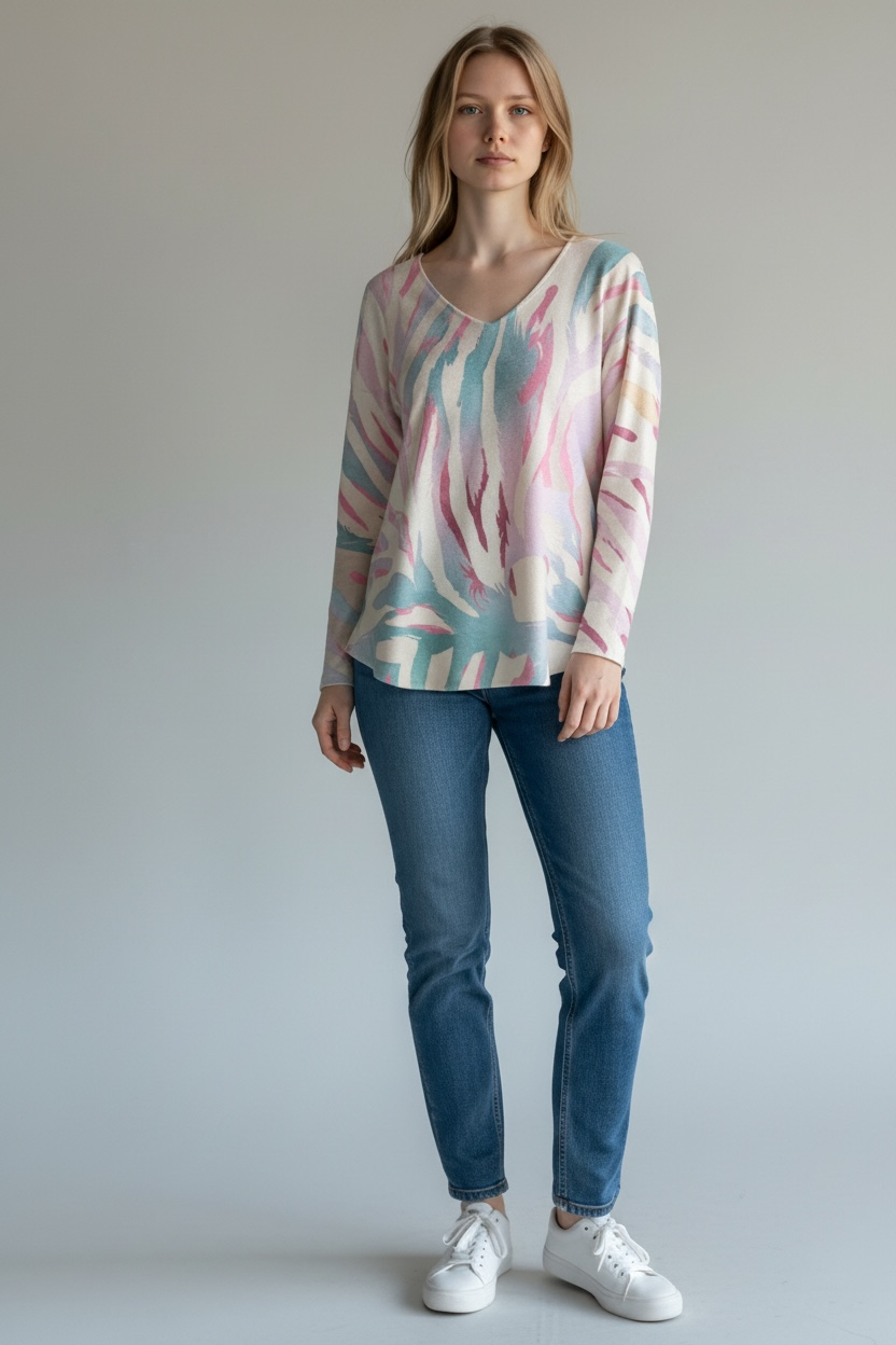 ABSTRACT FEATHER PRINT V-NECK JUMPER