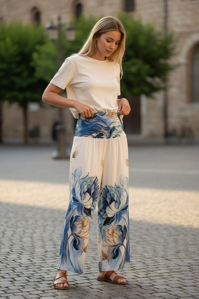 ELASTICATED WAIST FLORAL TROUSERS