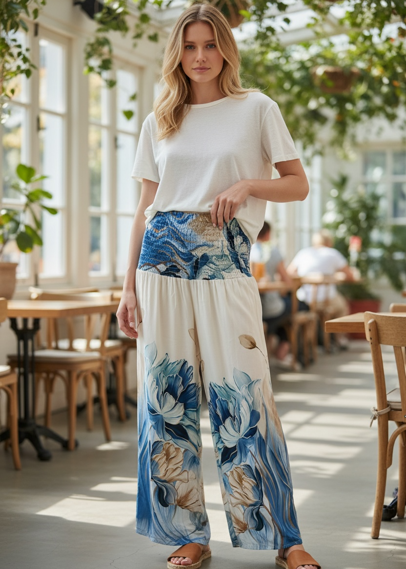 ELASTICATED WAIST FLORAL TROUSERS