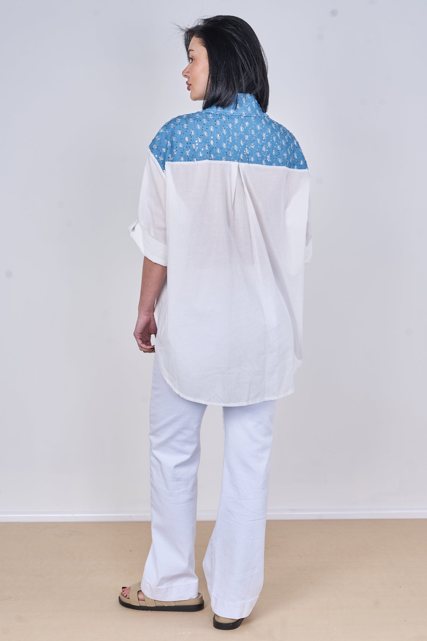 EMBOSSED SEQUINNED ONE POCKET DENIM COTTON SHIRT