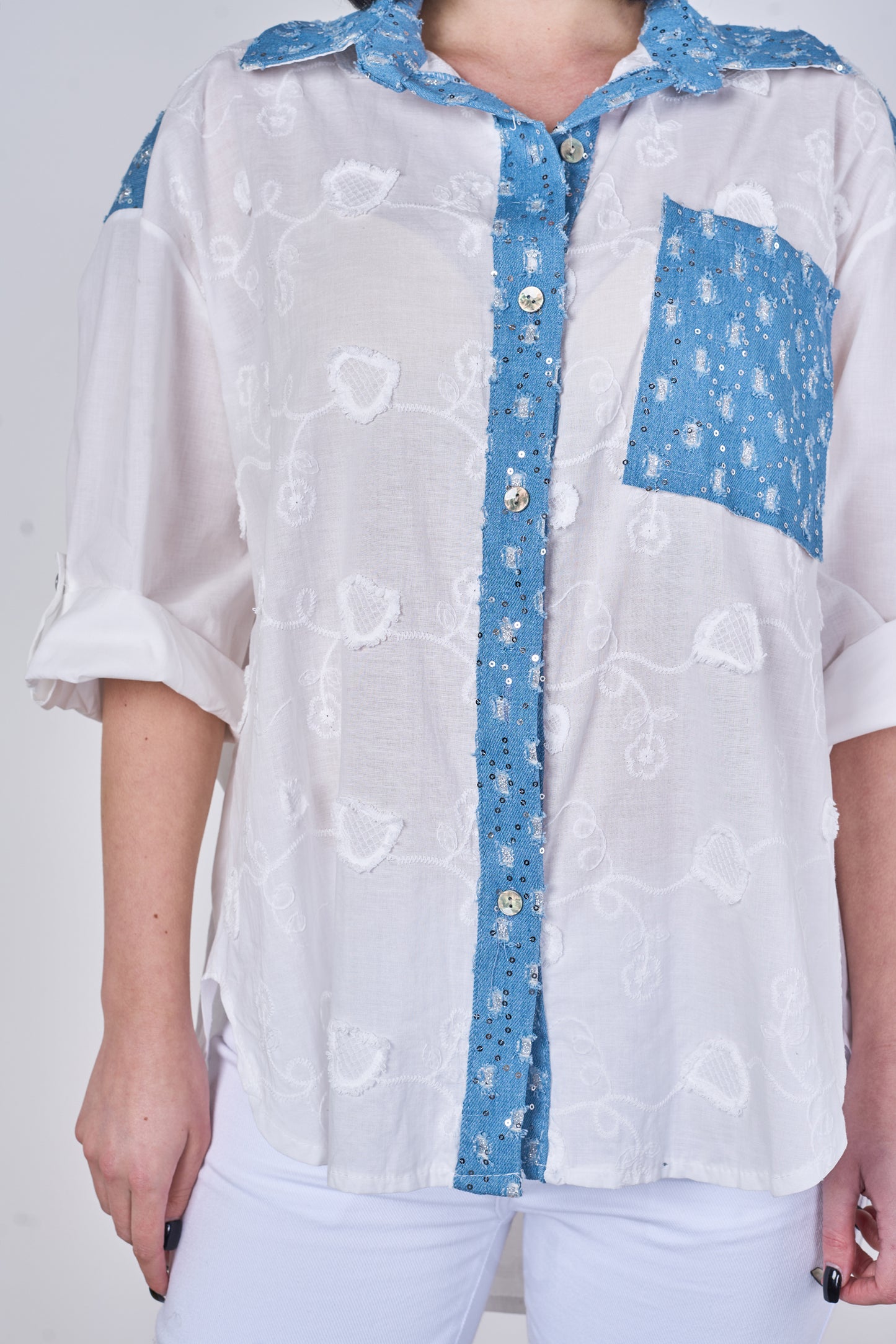 EMBOSSED SEQUINNED ONE POCKET DENIM COTTON SHIRT