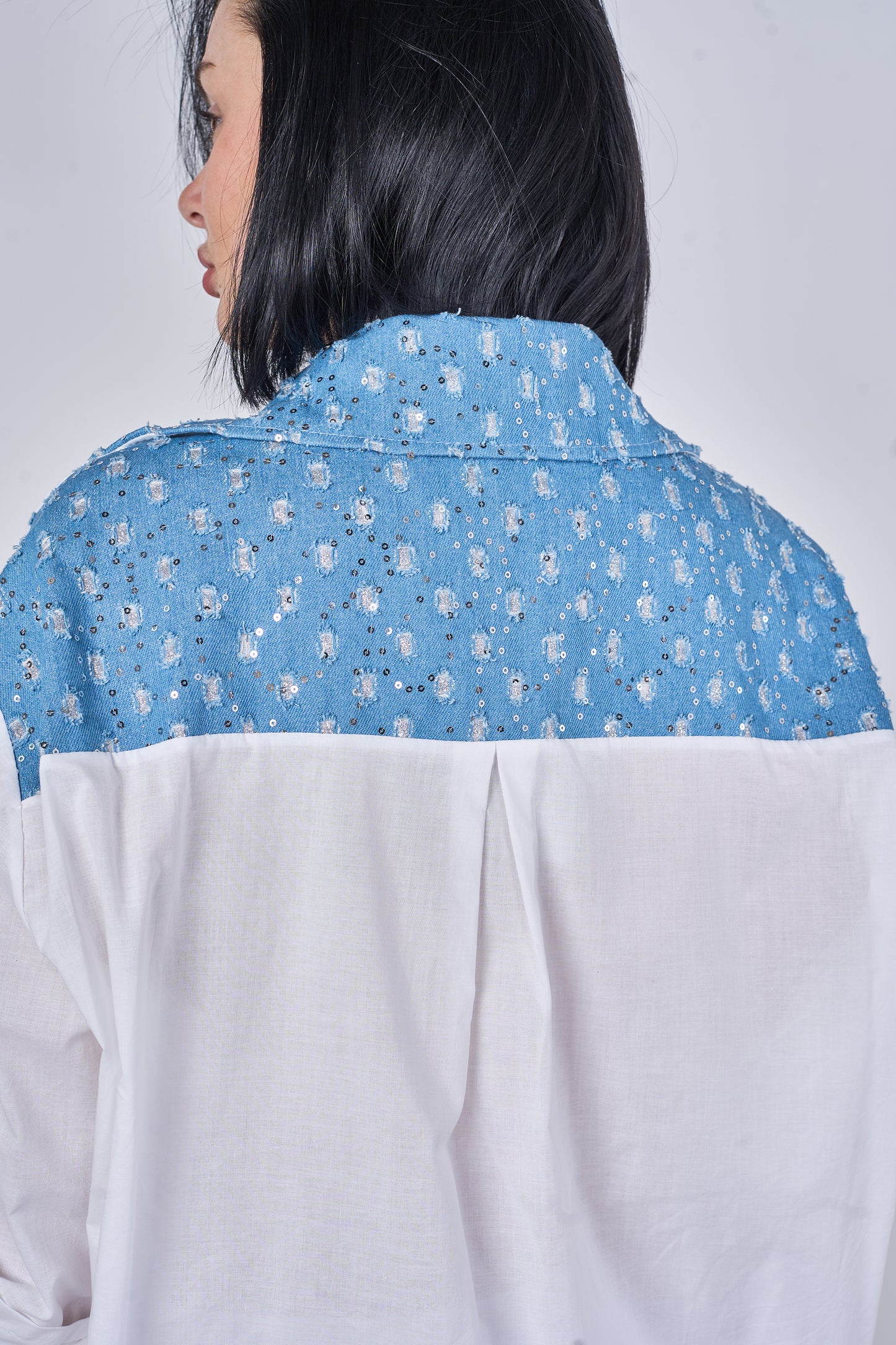 EMBOSSED SEQUINNED ONE POCKET DENIM COTTON SHIRT