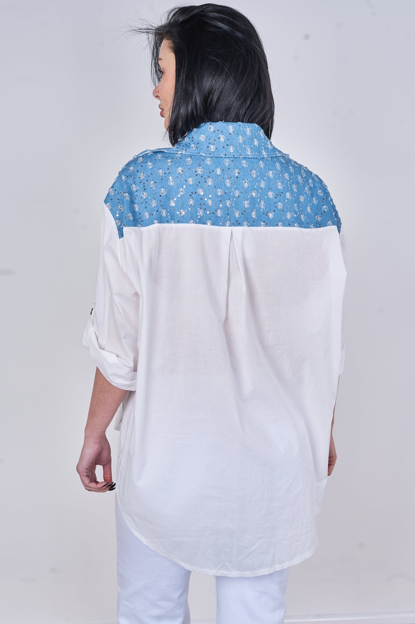 EMBOSSED SEQUINNED ONE POCKET DENIM COTTON SHIRT