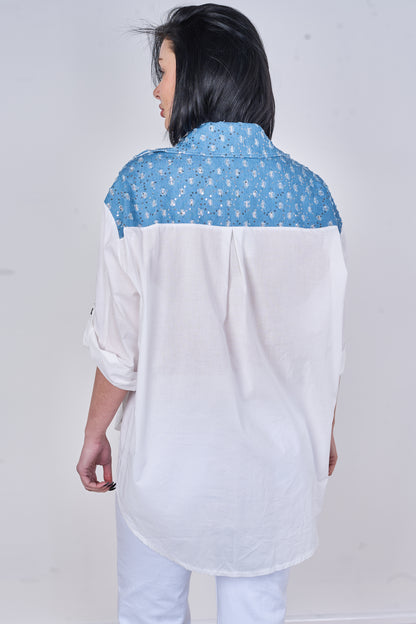 EMBOSSED SEQUINNED ONE POCKET DENIM COTTON SHIRT