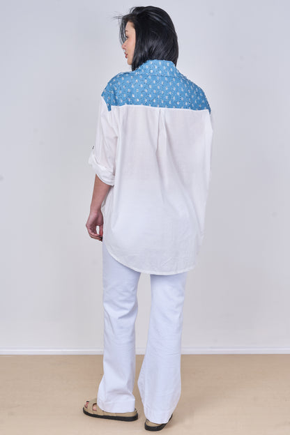 EMBOSSED SEQUINNED ONE POCKET DENIM COTTON SHIRT