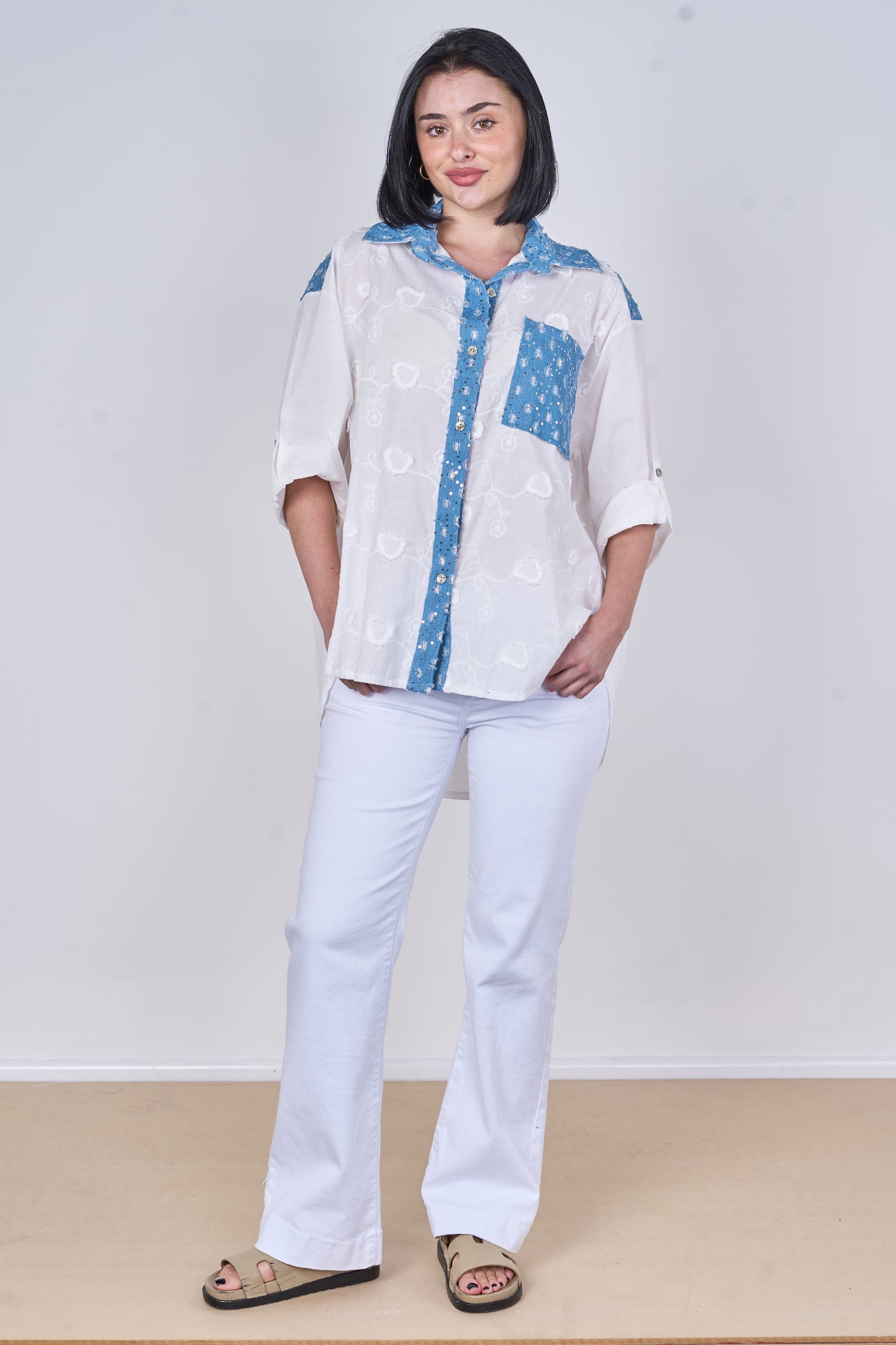 EMBOSSED SEQUINNED ONE POCKET DENIM COTTON SHIRT