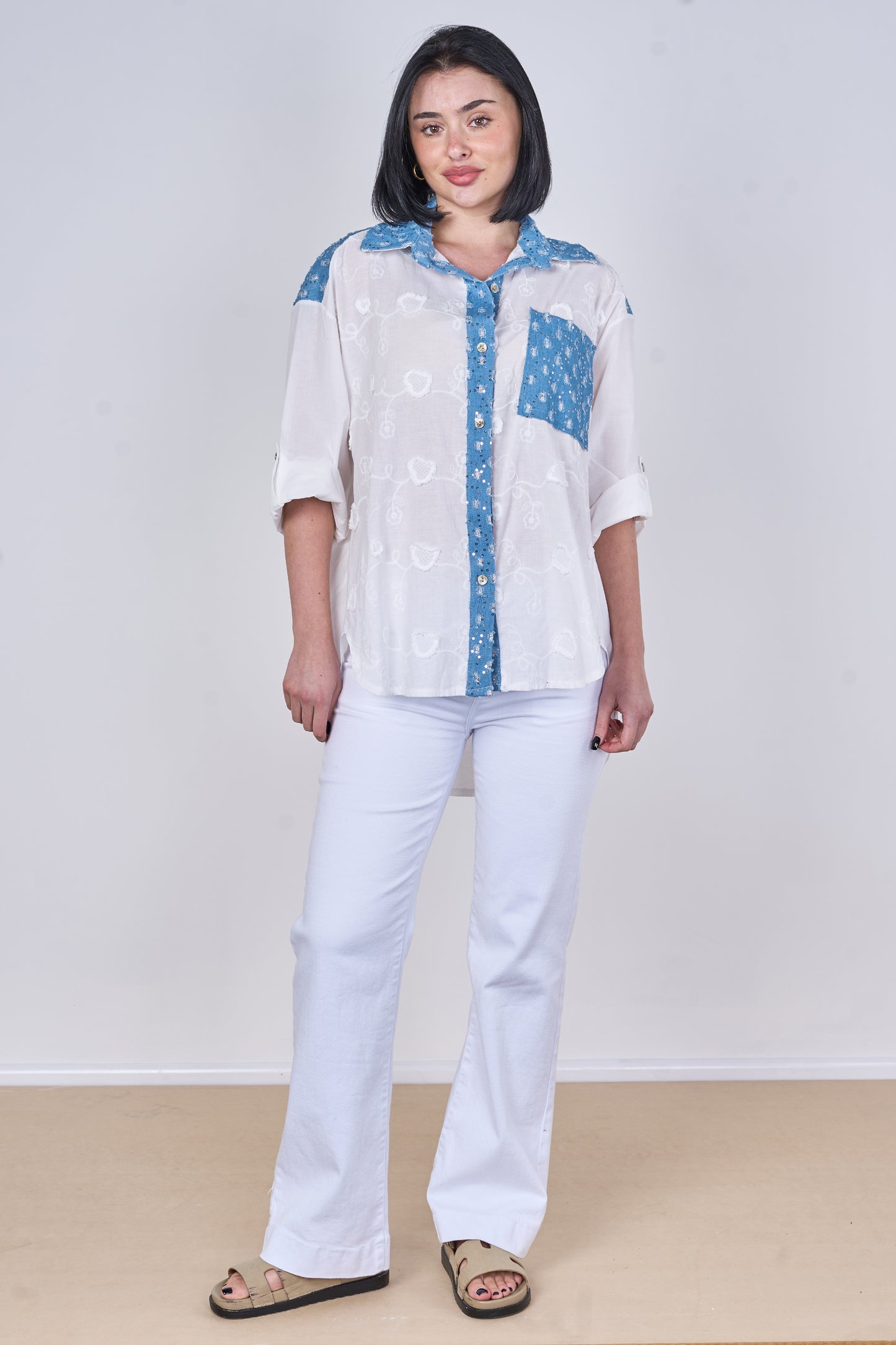 EMBOSSED SEQUINNED ONE POCKET DENIM COTTON SHIRT