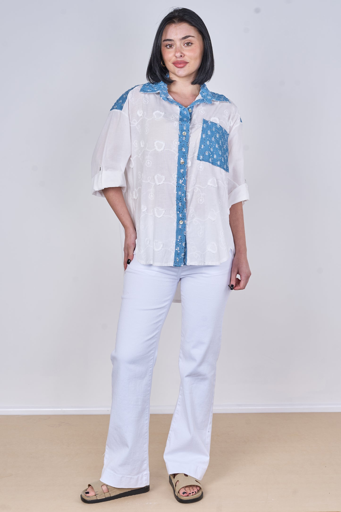 EMBOSSED SEQUINNED ONE POCKET DENIM COTTON SHIRT