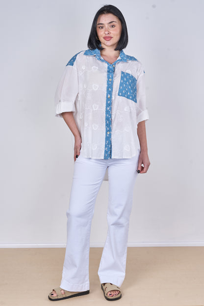 EMBOSSED SEQUINNED ONE POCKET DENIM COTTON SHIRT