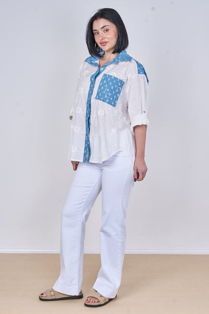EMBOSSED SEQUINNED ONE POCKET DENIM COTTON SHIRT