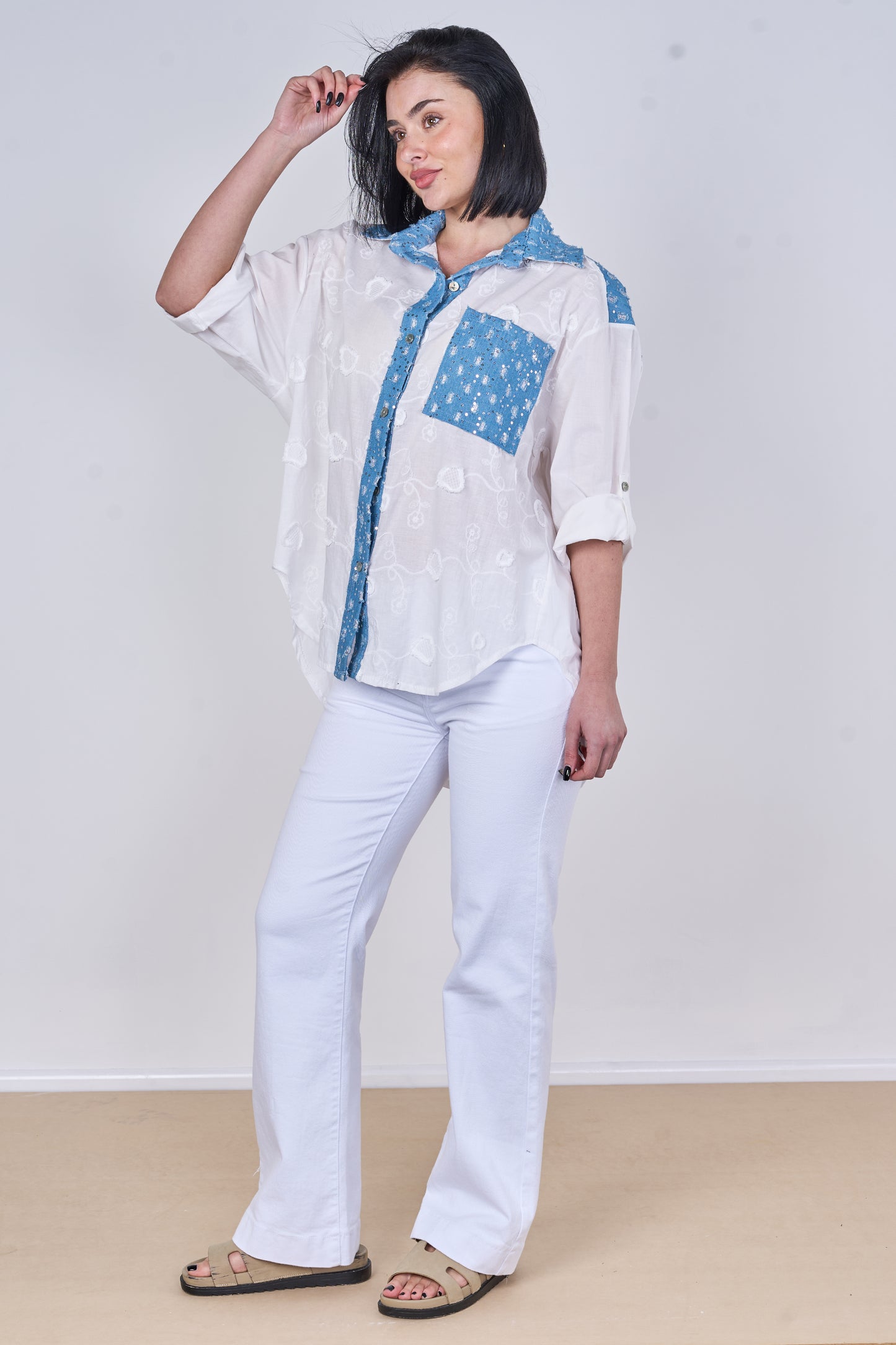 EMBOSSED SEQUINNED ONE POCKET DENIM COTTON SHIRT