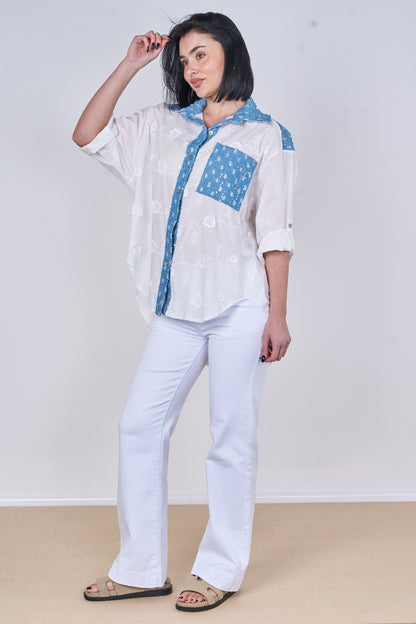 EMBOSSED SEQUINNED ONE POCKET DENIM COTTON SHIRT