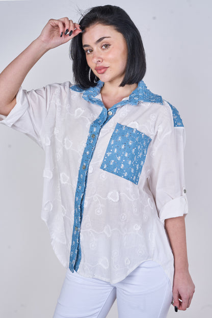 EMBOSSED SEQUINNED ONE POCKET DENIM COTTON SHIRT