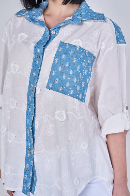 EMBOSSED SEQUINNED ONE POCKET DENIM COTTON SHIRT