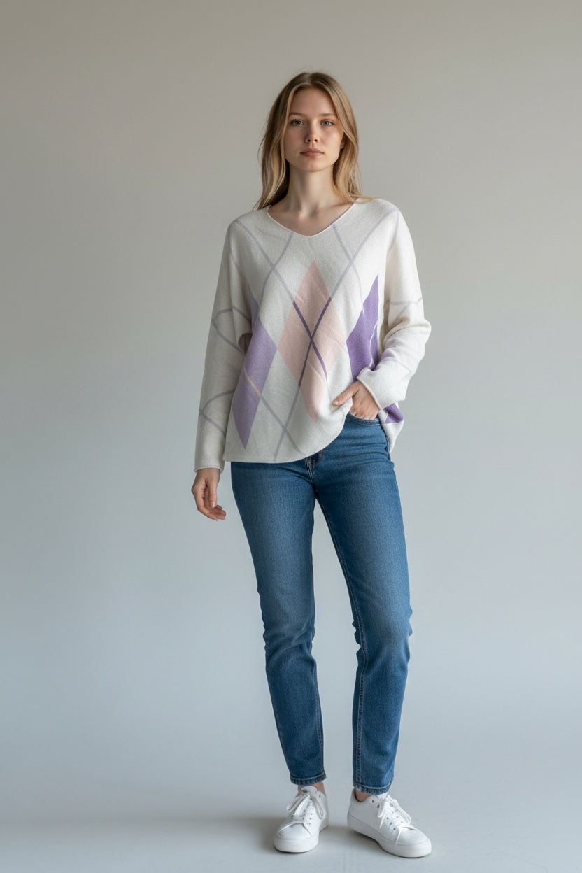 DIAMOND PATTERNED V NECK JUMPER