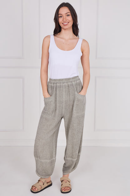WASHED LINEN FRONT POCKET BARREL LEG TROUSER