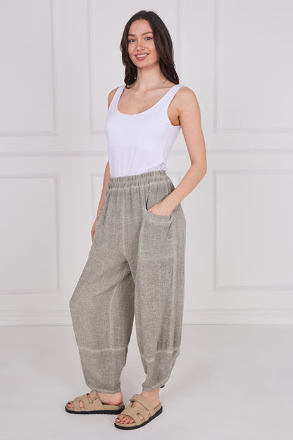 WASHED LINEN FRONT POCKET BARREL LEG TROUSER