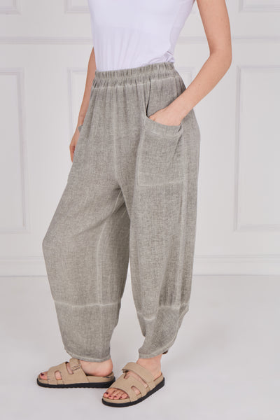 WASHED LINEN FRONT POCKET BARREL LEG TROUSER