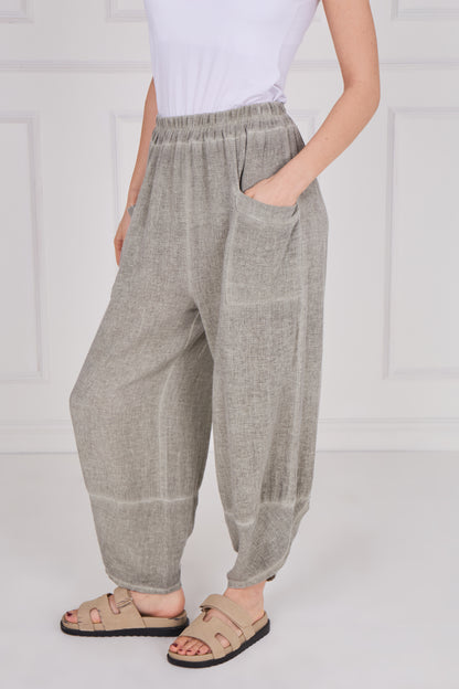 WASHED LINEN FRONT POCKET BARREL LEG TROUSER
