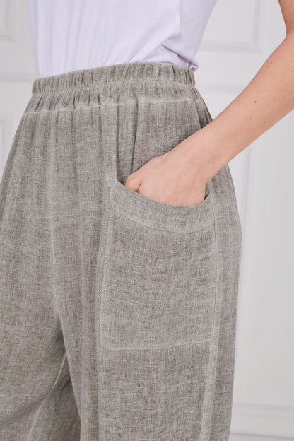 WASHED LINEN FRONT POCKET BARREL LEG TROUSER