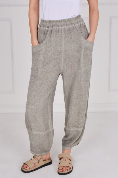 WASHED LINEN FRONT POCKET BARREL LEG TROUSER