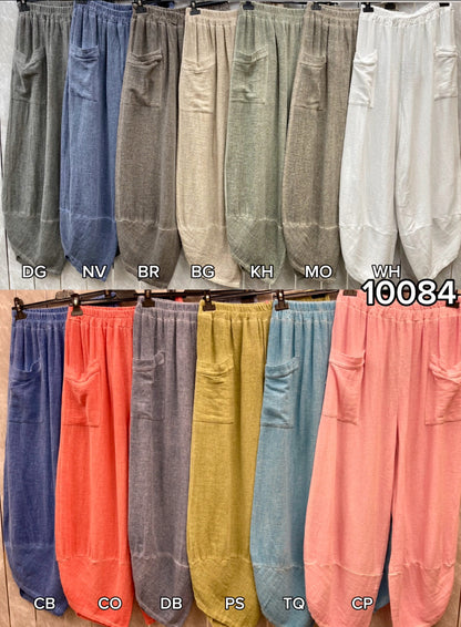 WASHED LINEN FRONT POCKET BARREL LEG TROUSER