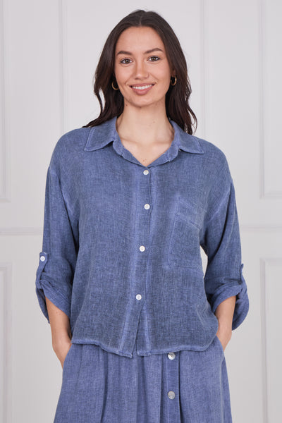 WASHED LINEN ONE POCKET CROPPED SHIRT