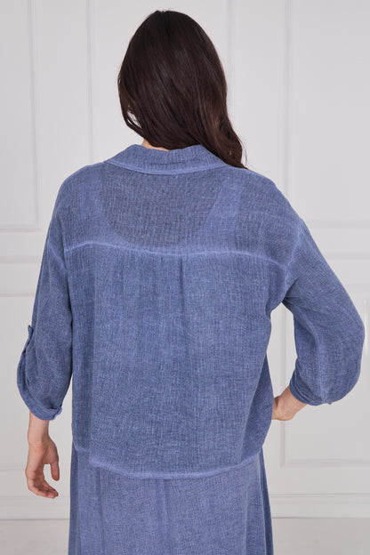 WASHED LINEN ONE POCKET CROPPED SHIRT
