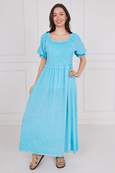 WASHED LINEN SHIRRED RUFFLE SLEEVE DRESS