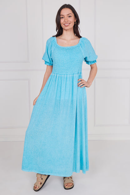 WASHED LINEN SHIRRED RUFFLE SLEEVE DRESS