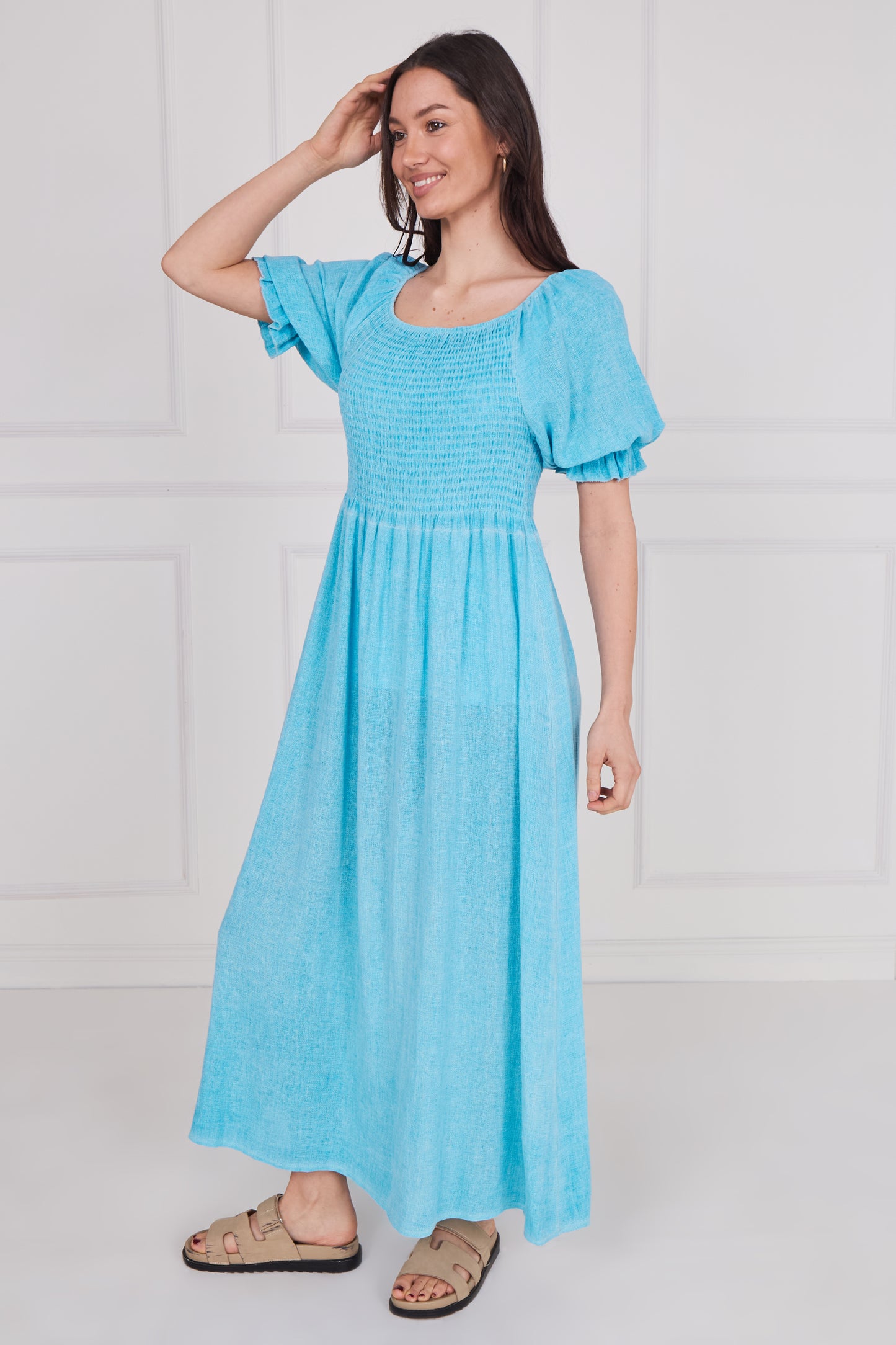 WASHED LINEN SHIRRED RUFFLE SLEEVE DRESS