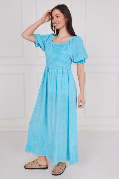 WASHED LINEN SHIRRED RUFFLE SLEEVE DRESS